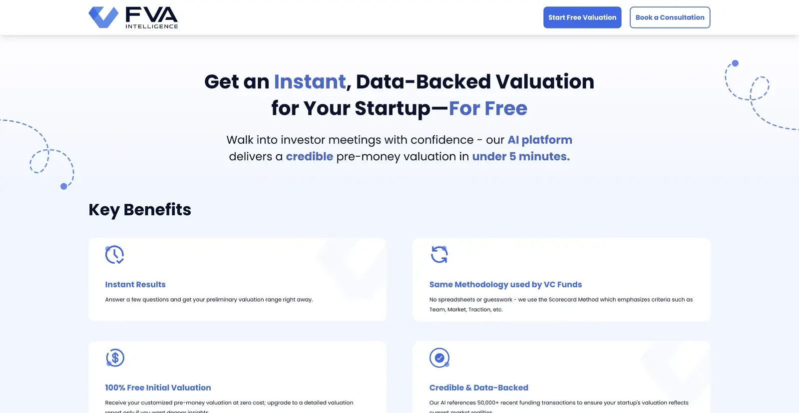 Startup valuation landing page shown inside a browser-style frame.