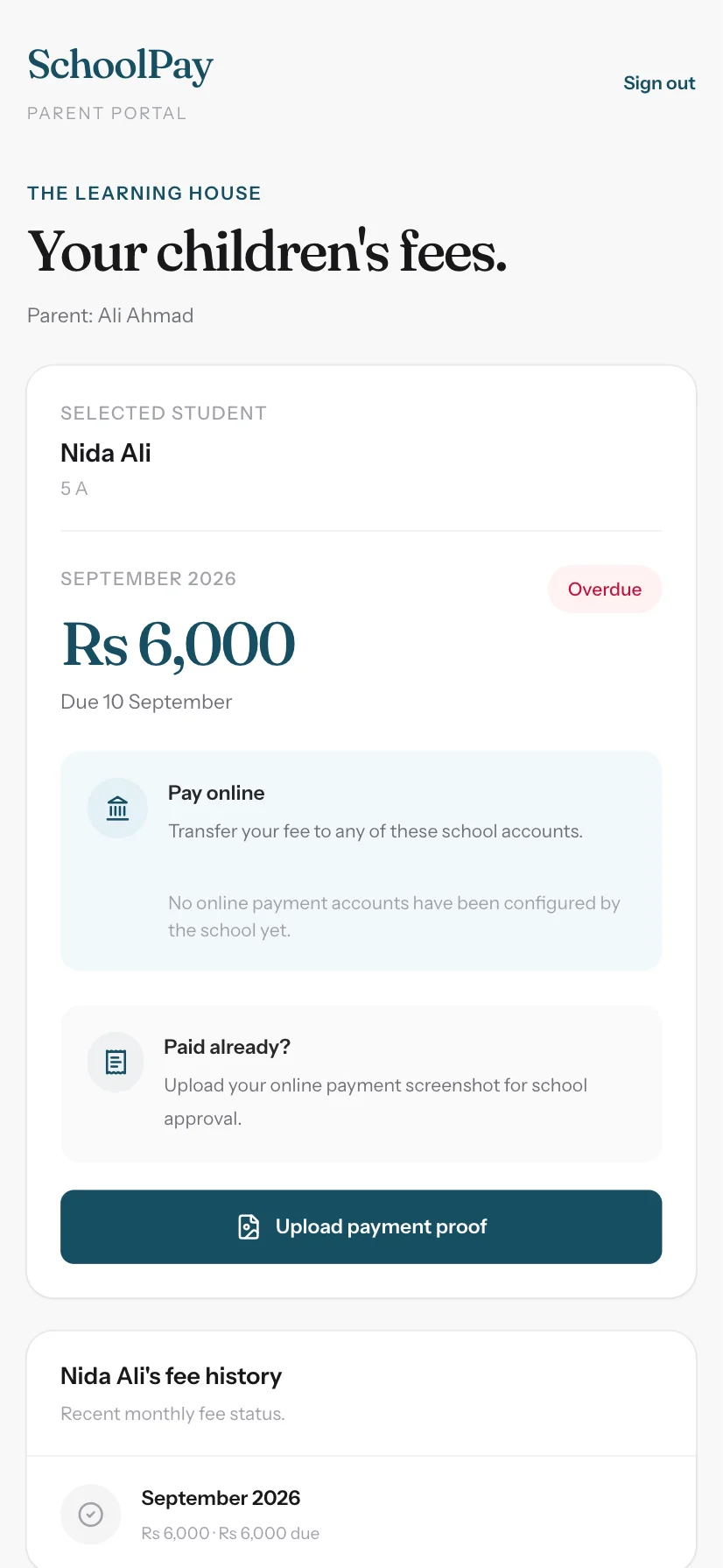Illustrative SchoolPay parent portal showing a child's fee balance and payment history with sample data.